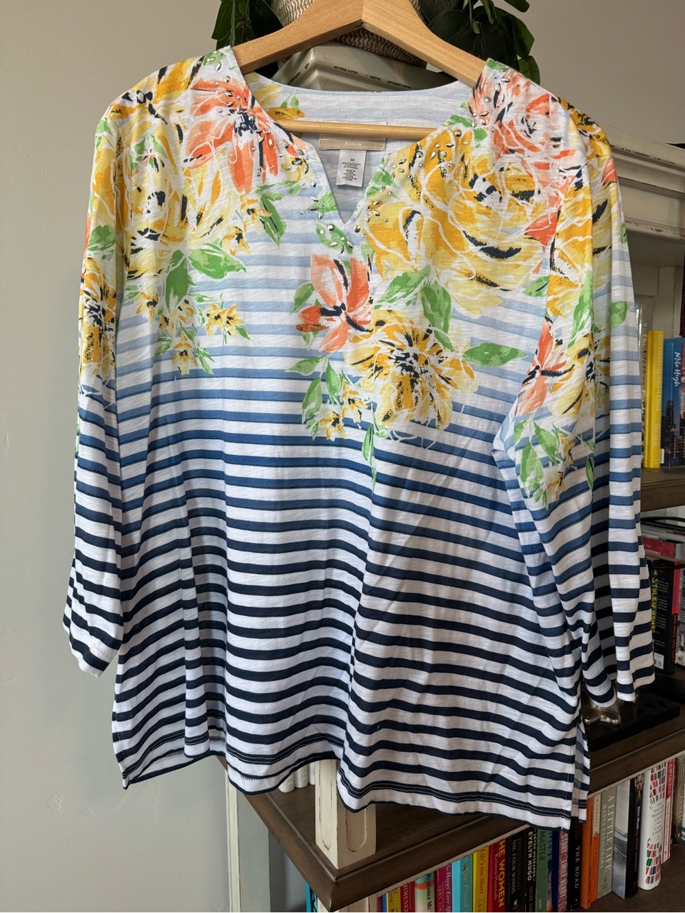 Alfred Dunner Yellow & Blue Floral Stripe V-Neck Tunic